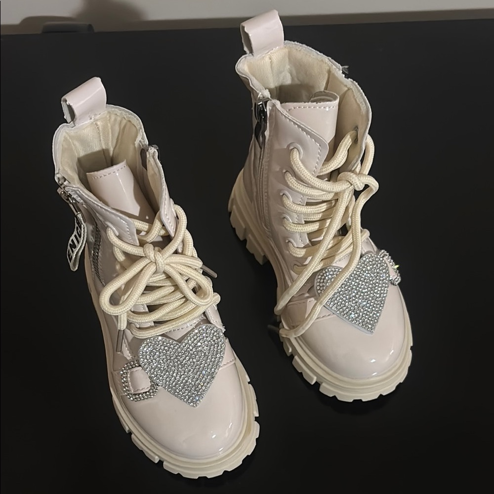 Kids Cream Heart Embellished Boots
